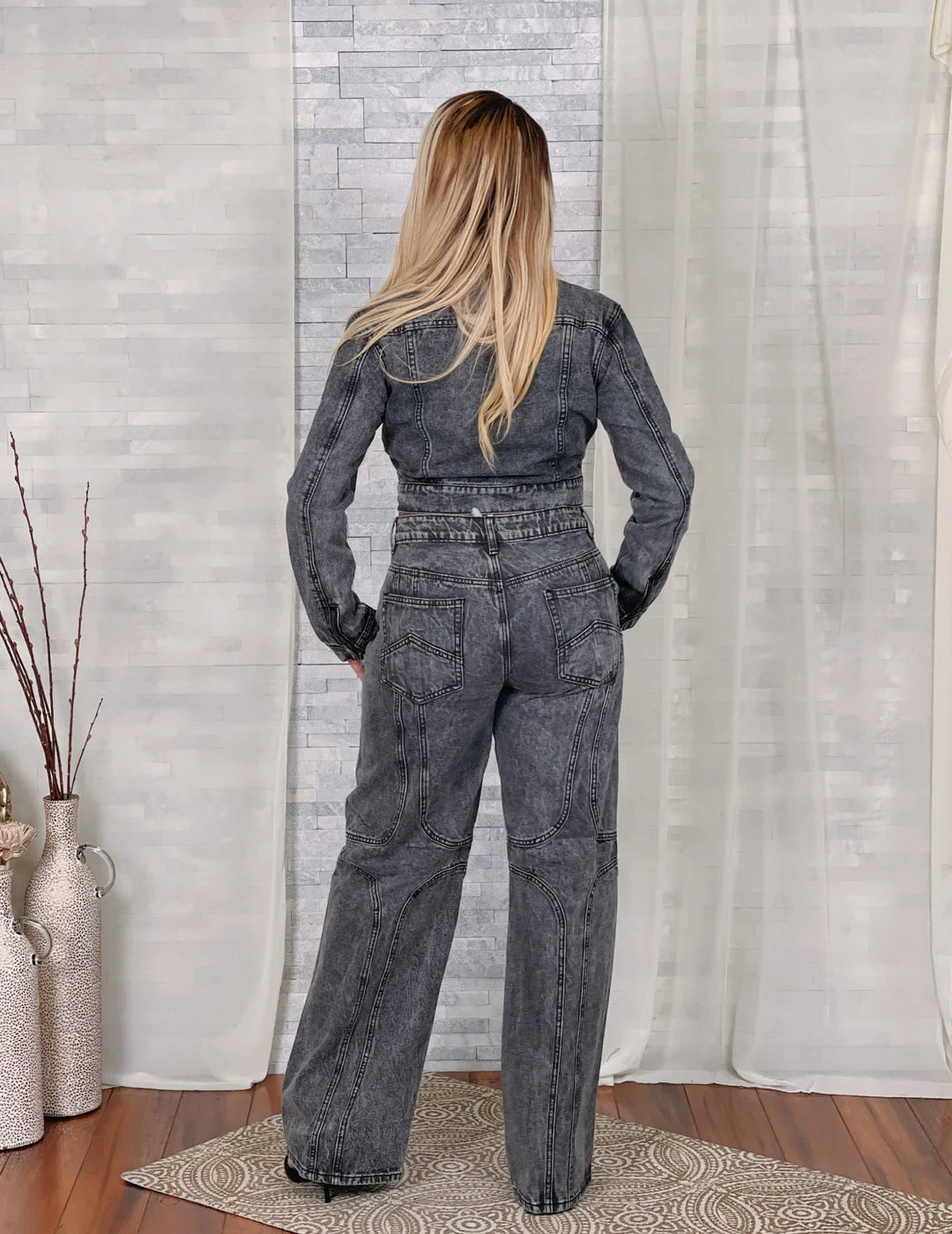 LINE DETAILS WASH JACKET & JEANS SET