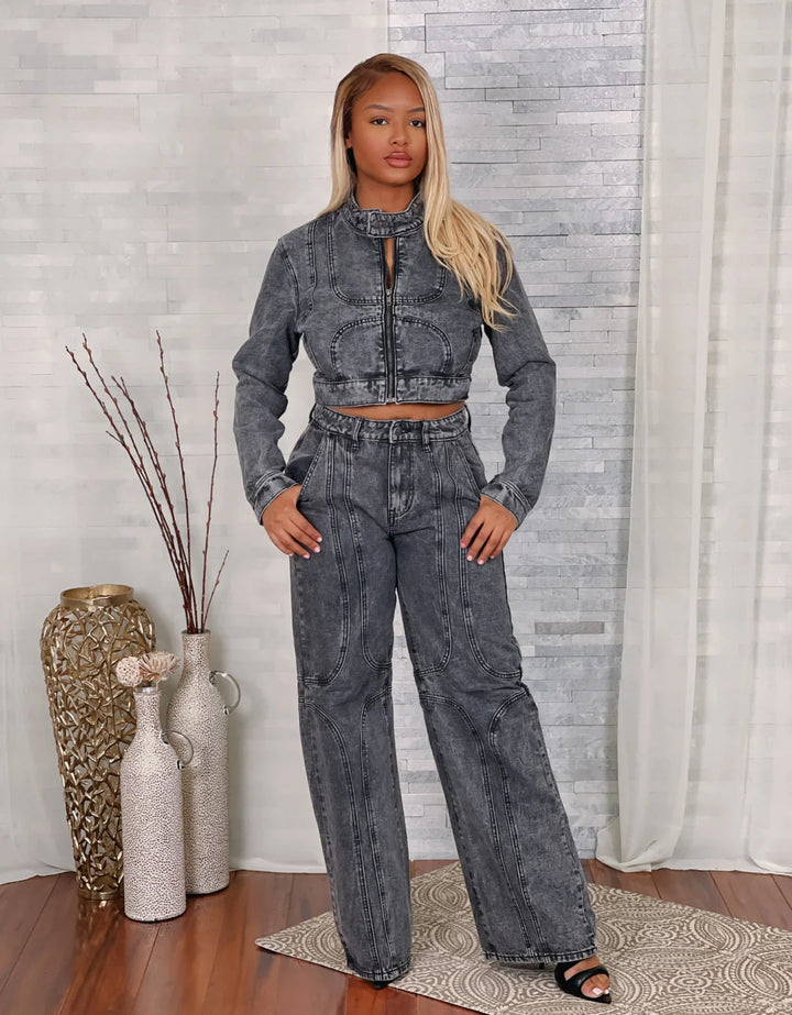 LINE DETAILS WASH JACKET & JEANS SET