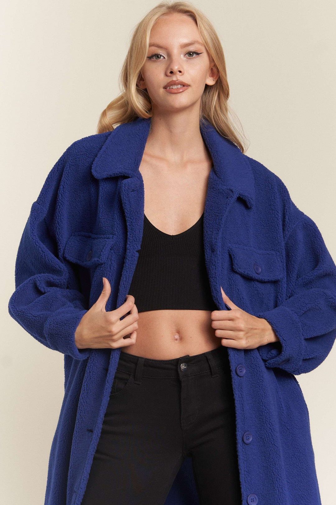 Faux Fur Button Down Pocket Long Jacket J324.18