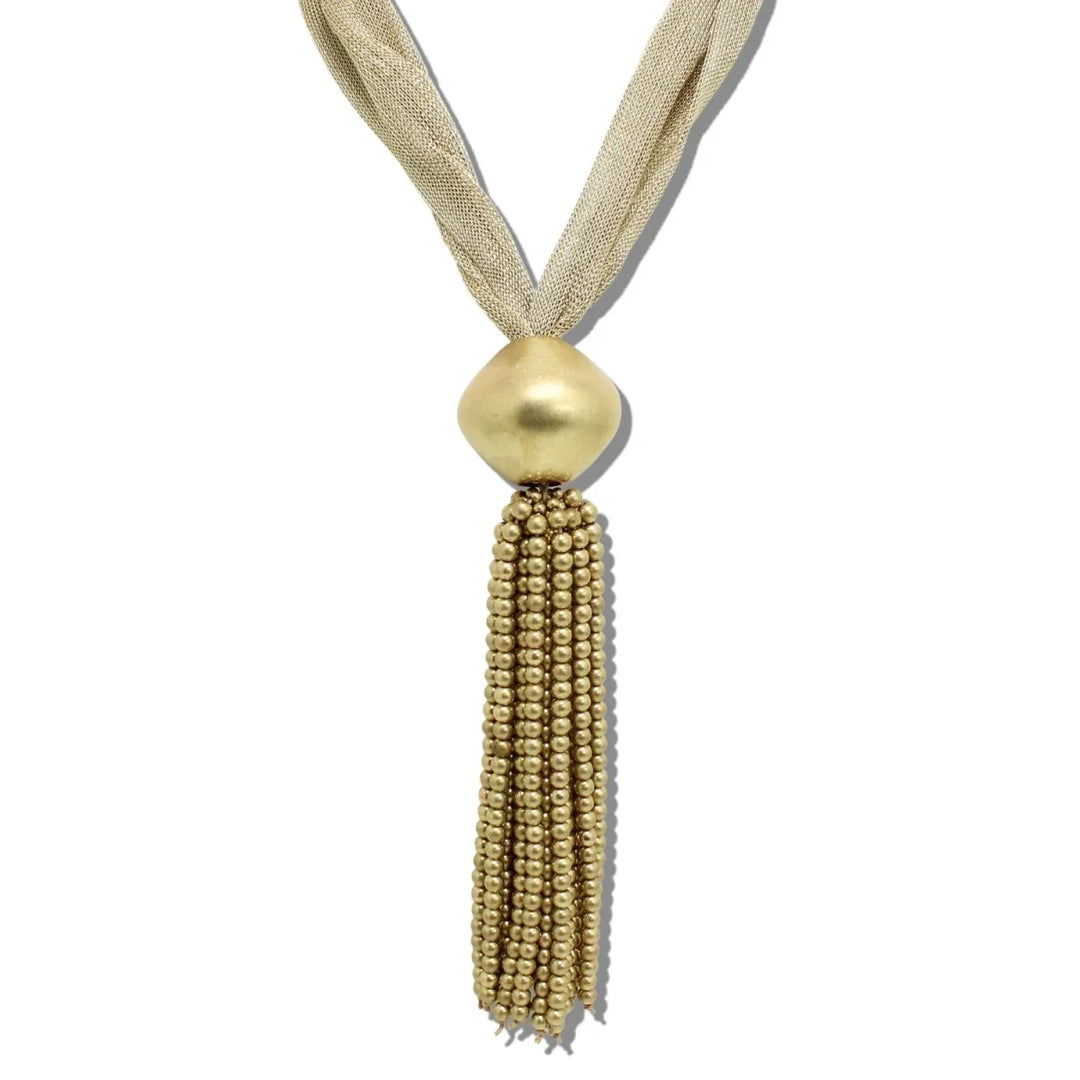 WOVEN MESH BEADED TASSEL LONG DROP NECKLACE