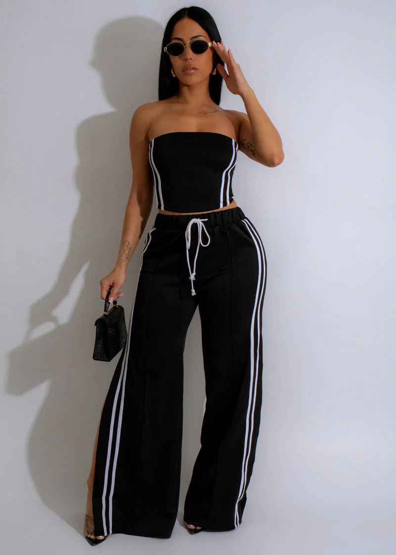 Side Two Stripes Tube Top And Flare Pants Set