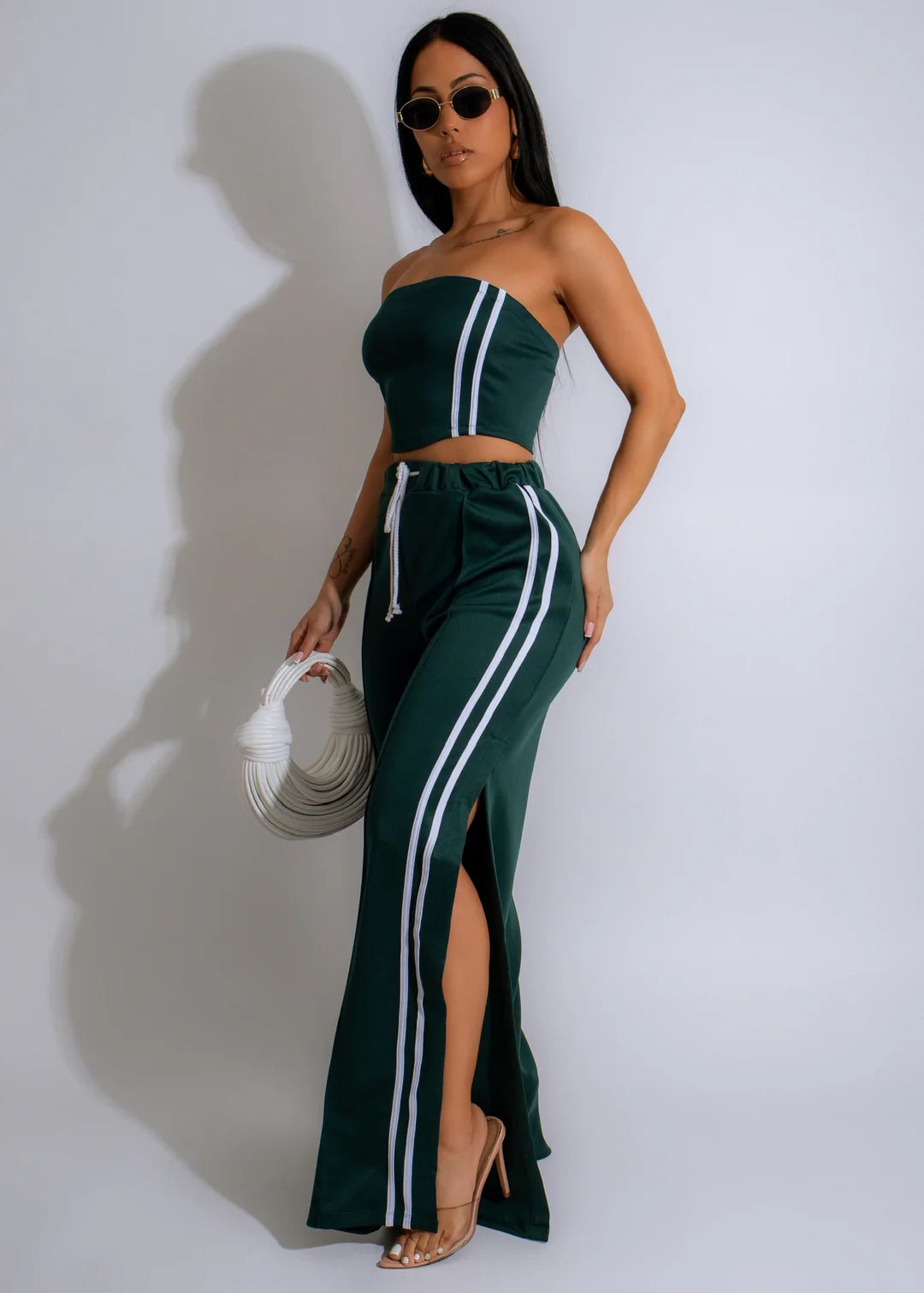 Side Two Stripes Tube Top And Flare Pants Set