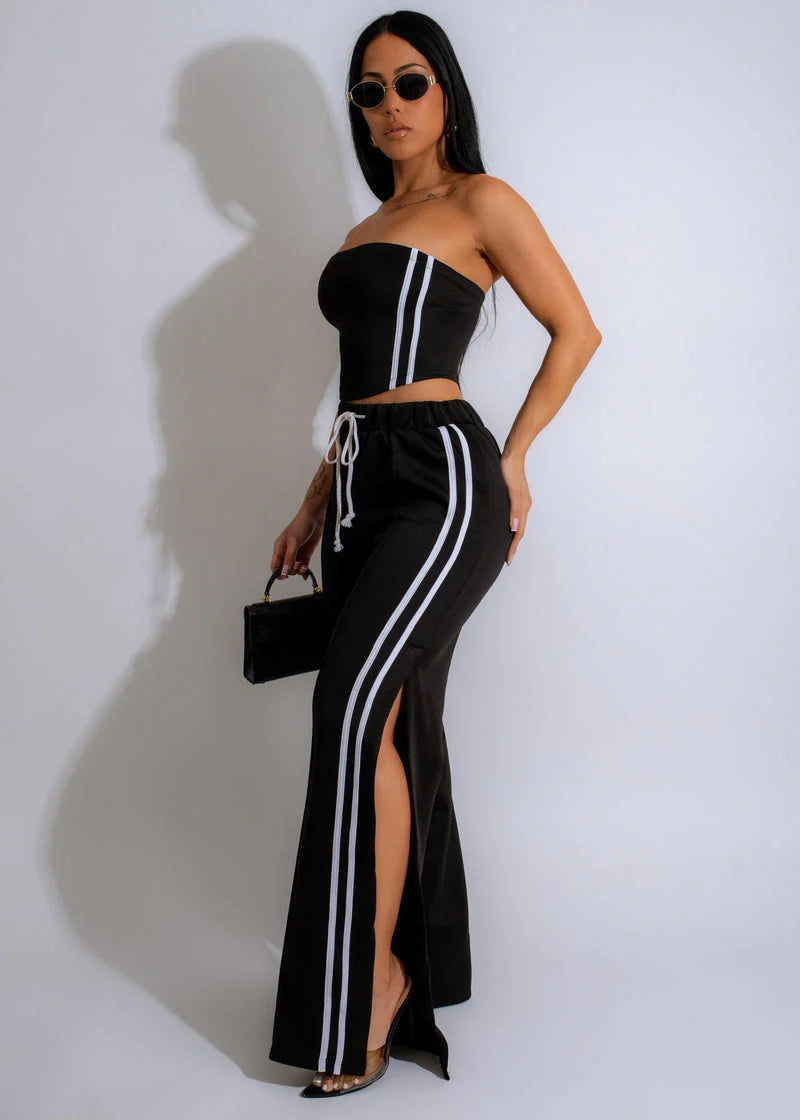 Side Two Stripes Tube Top And Flare Pants Set