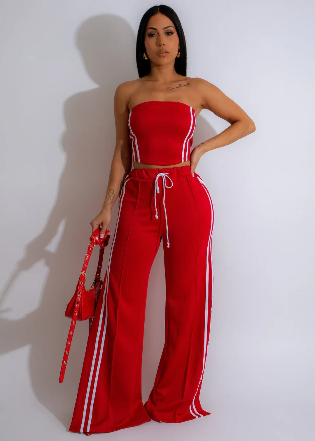 Side Two Stripes Tube Top And Flare Pants Set