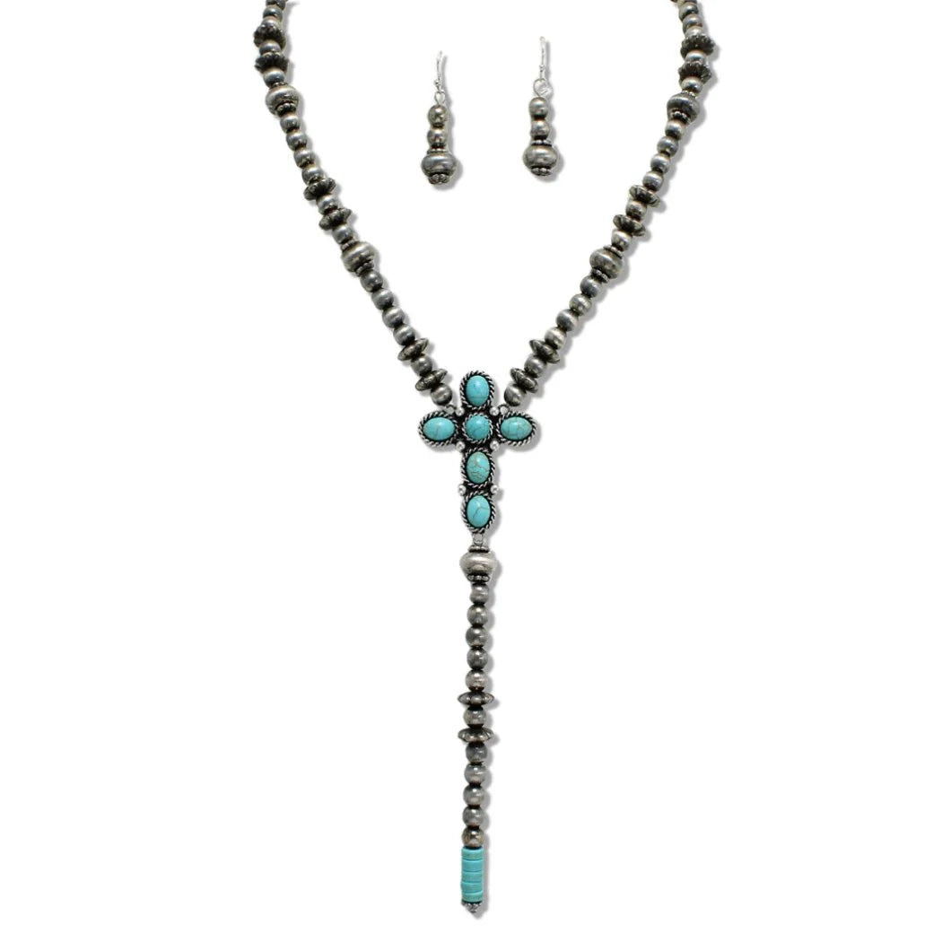 WESTERN CROSS TURQUOISE STONE ACCENT NAVAJO BEADED Y SHAPED NECKLACE