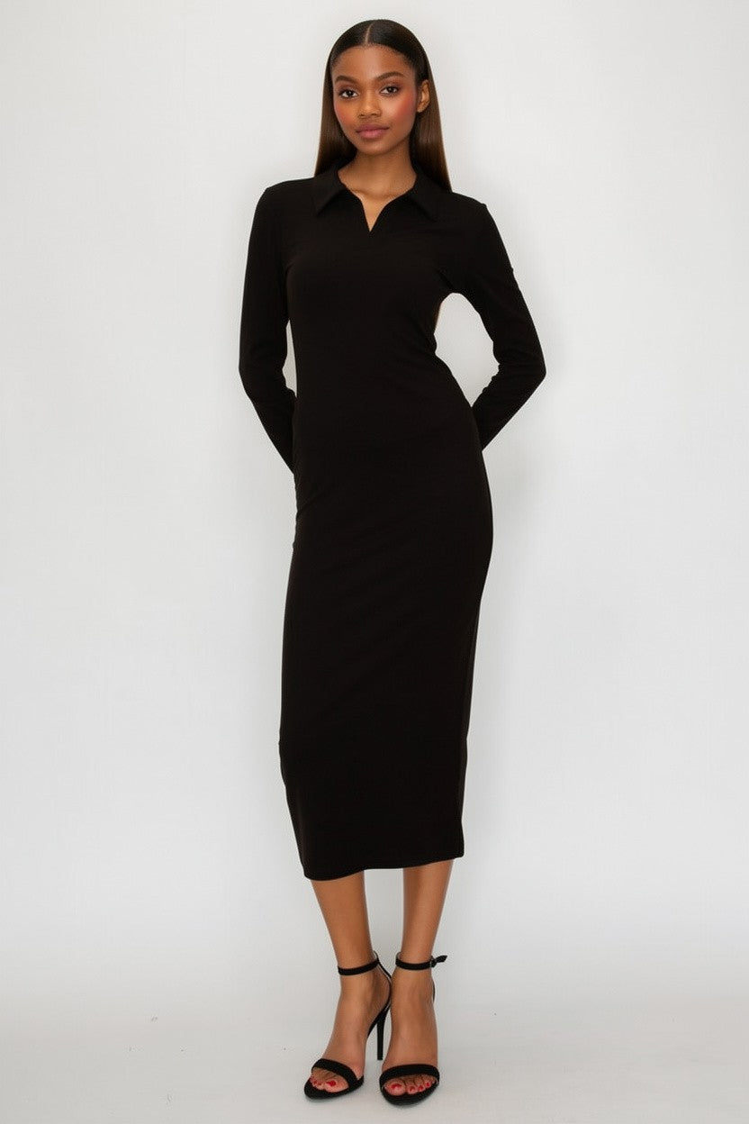 COLLARED MIDI LS DRESS