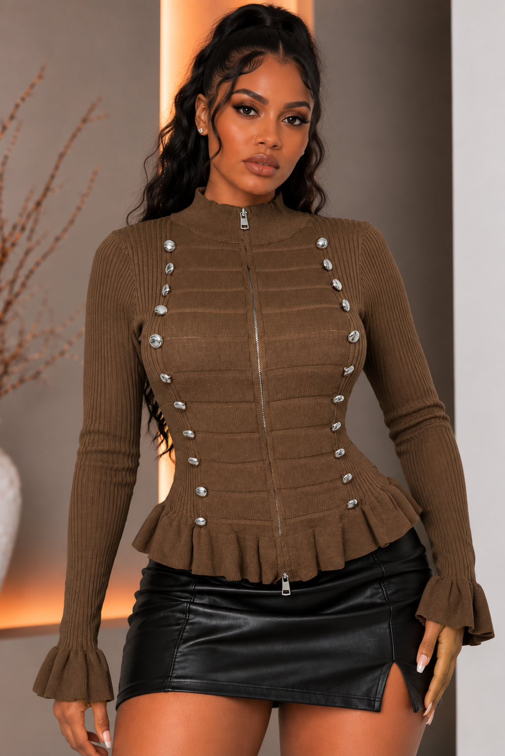 NAPOLEON BUTTON ZIP UP LS KNIT TOP