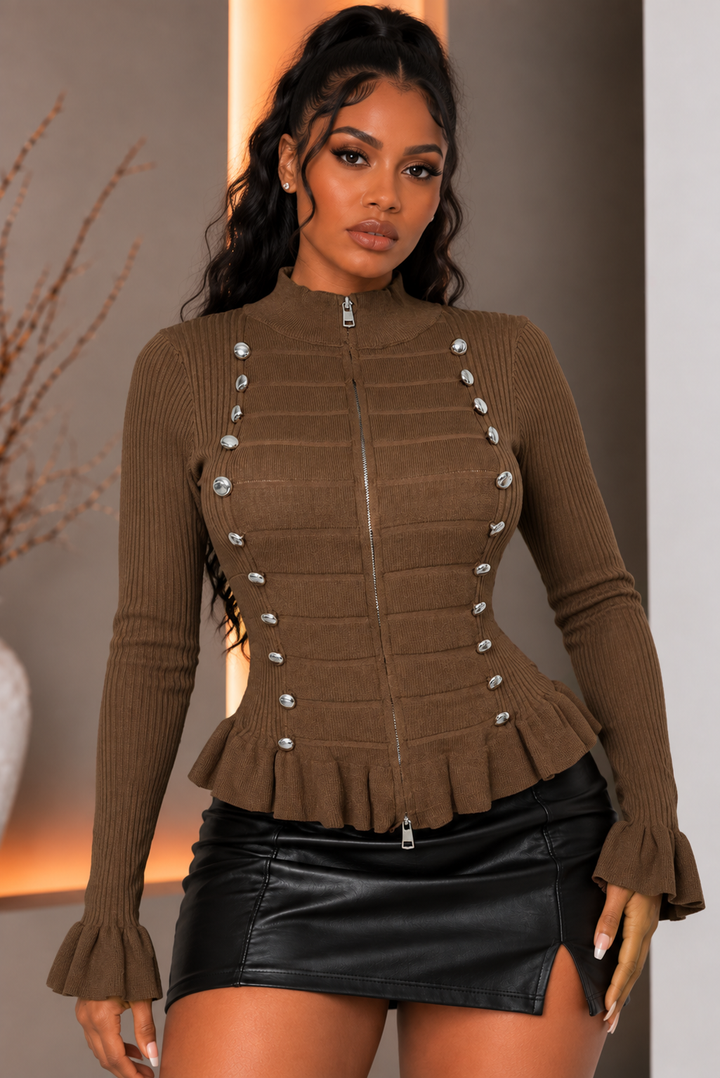 NAPOLEON BUTTON ZIP UP LS KNIT TOP