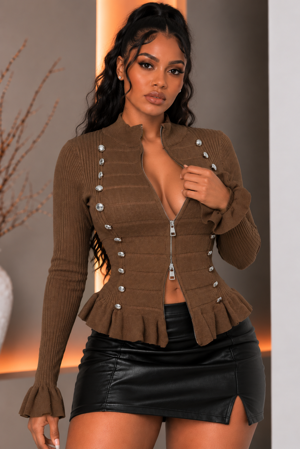NAPOLEON BUTTON ZIP UP LS KNIT TOP