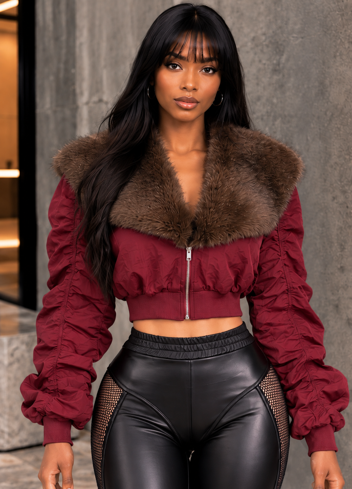 FAUX FUR RUCHED SLEEVE JACKET