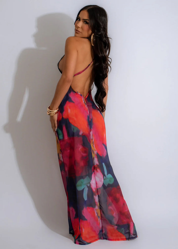 Printed Mesh Lace Halter Dress