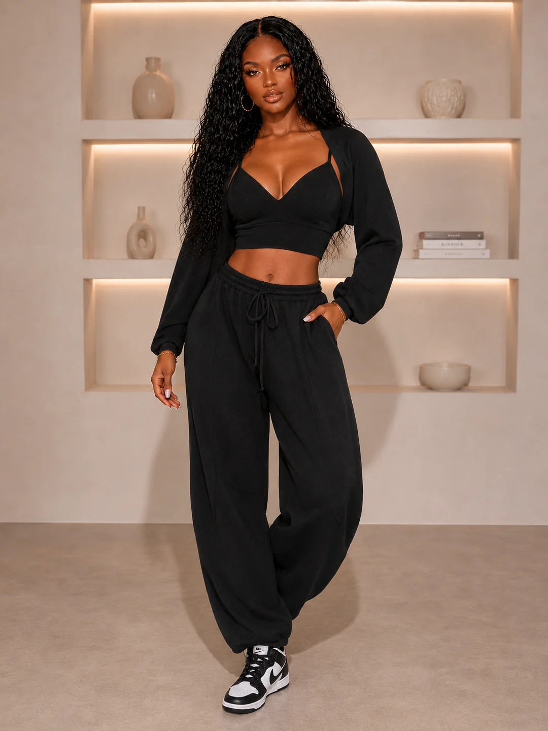Open Front Cardigan Inside Tank Crop Top And Pants 3 Pcs Set