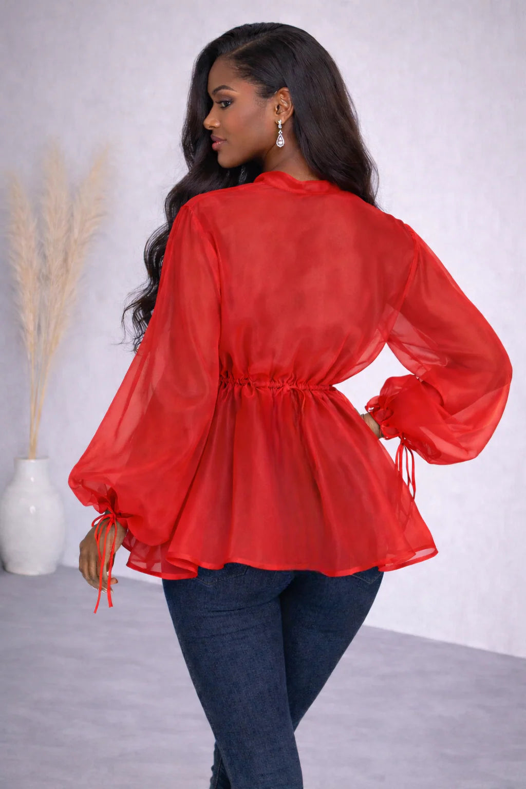 BOW NECK ORGANZA PEPLUM TOP