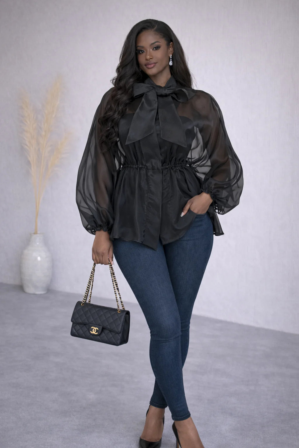 BOW NECK ORGANZA PEPLUM TOP