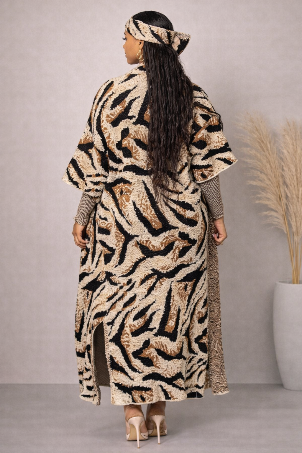 KNIT LONG CARDIGAN W/HEADBAND