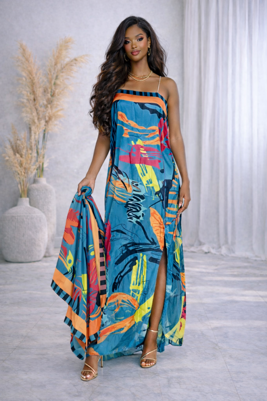 Colorful Patterned Dress and Matching Headscarf