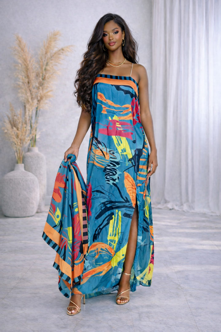 Colorful Patterned Dress and Matching Headscarf