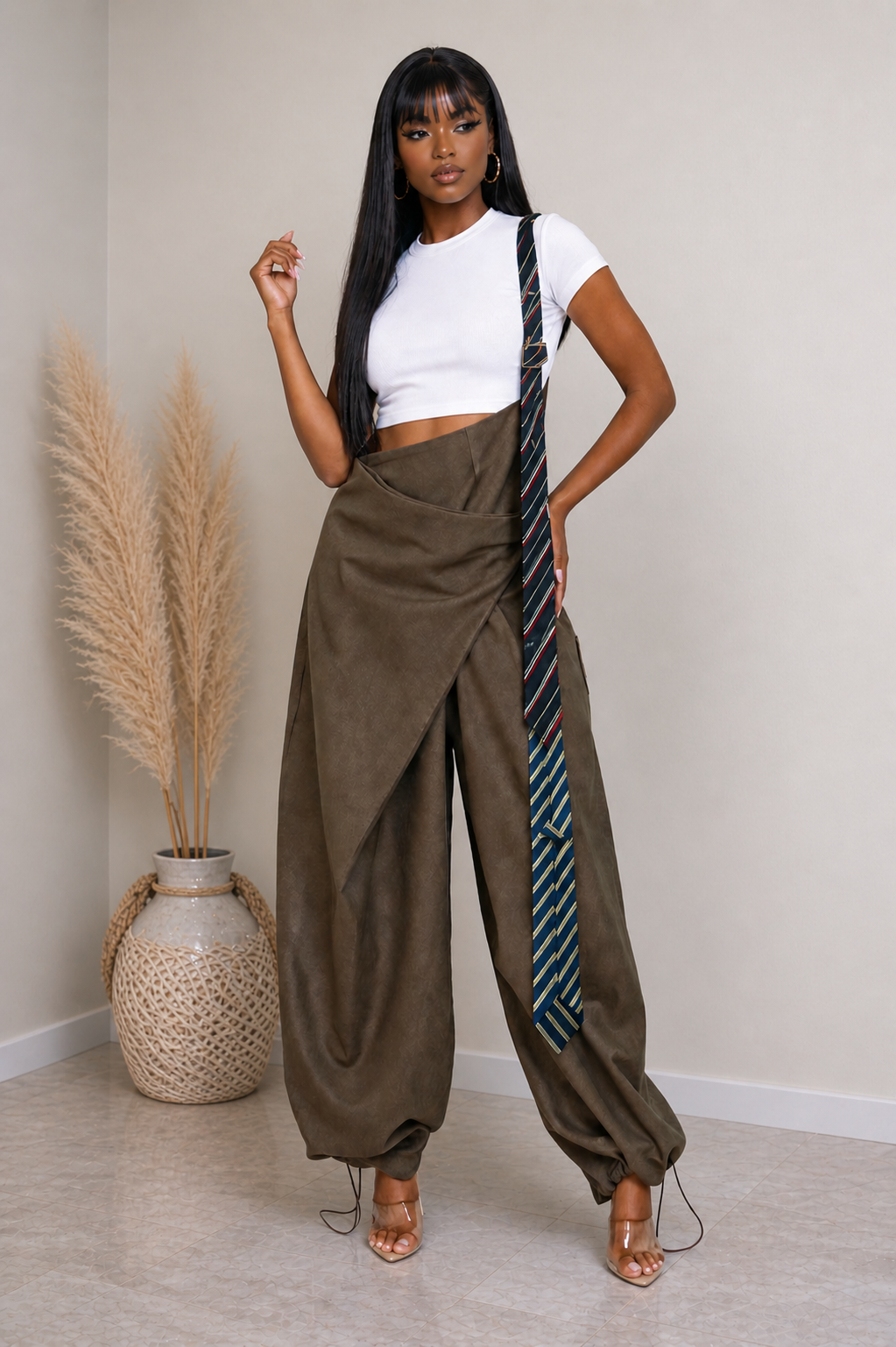 One Shoulder Tie Detail Asymmetrical Drape Overall