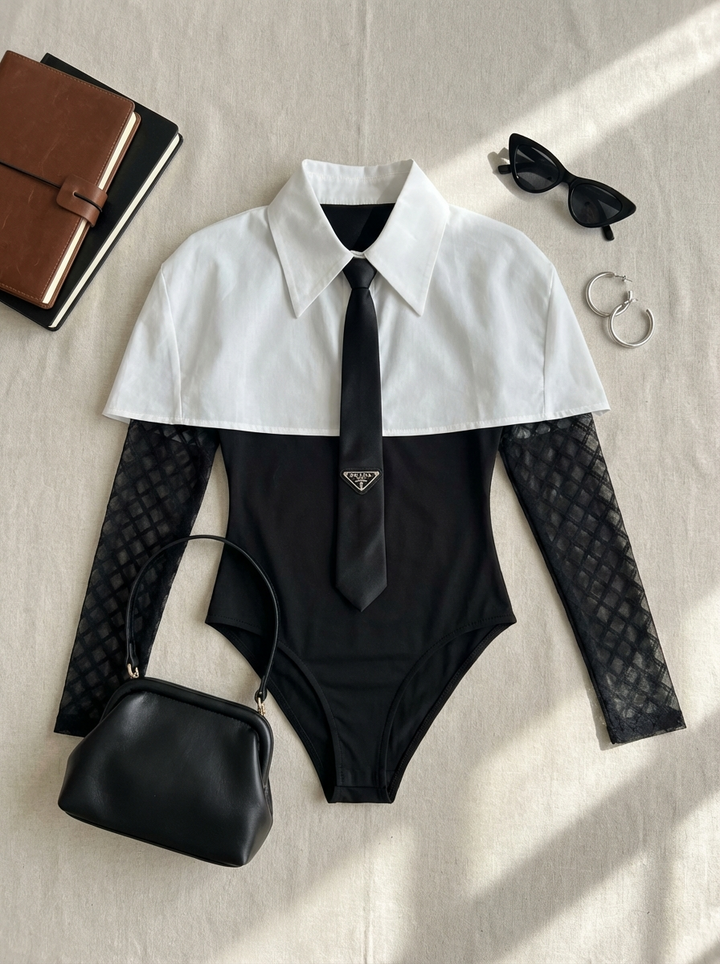 LACE BODYSUIT WITH CAPE & TIE