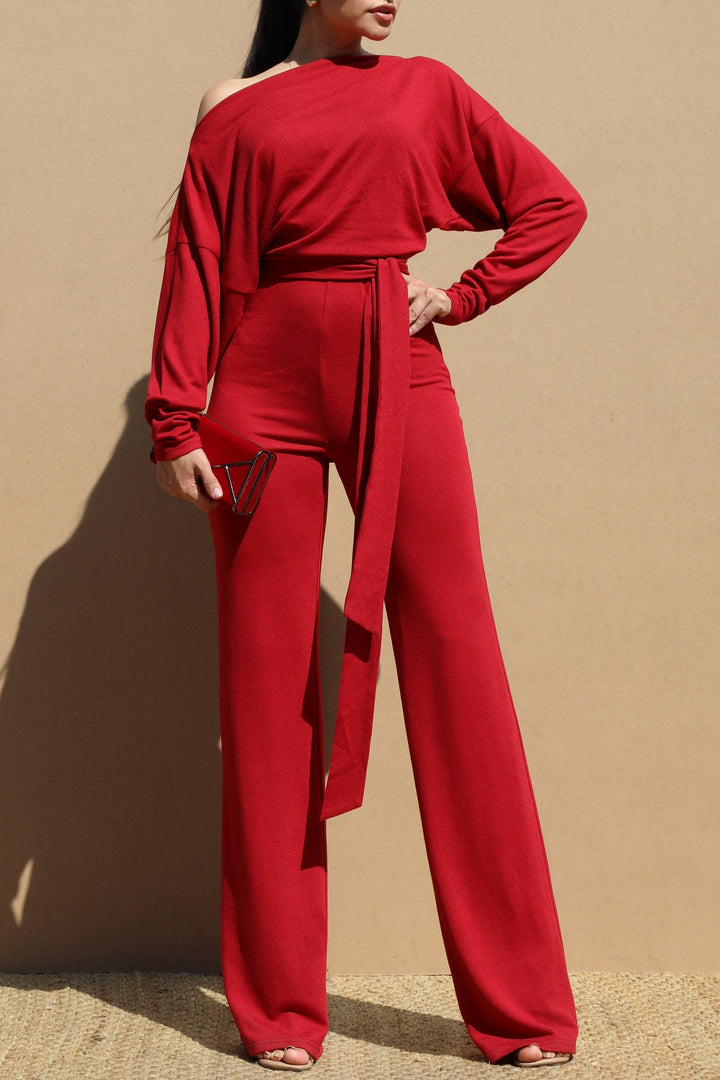OFF SHOULDER LS KNIT JUMPSUIT