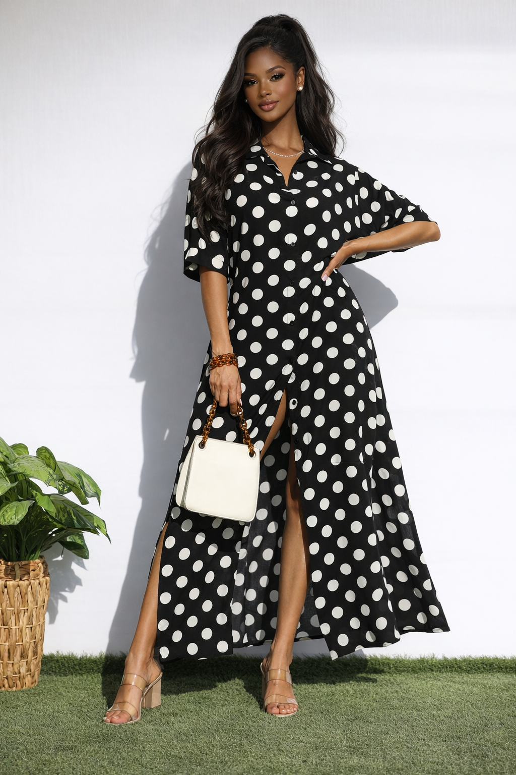 POLKA DUT BUTTON DOWN SHIRT LONG DRESS