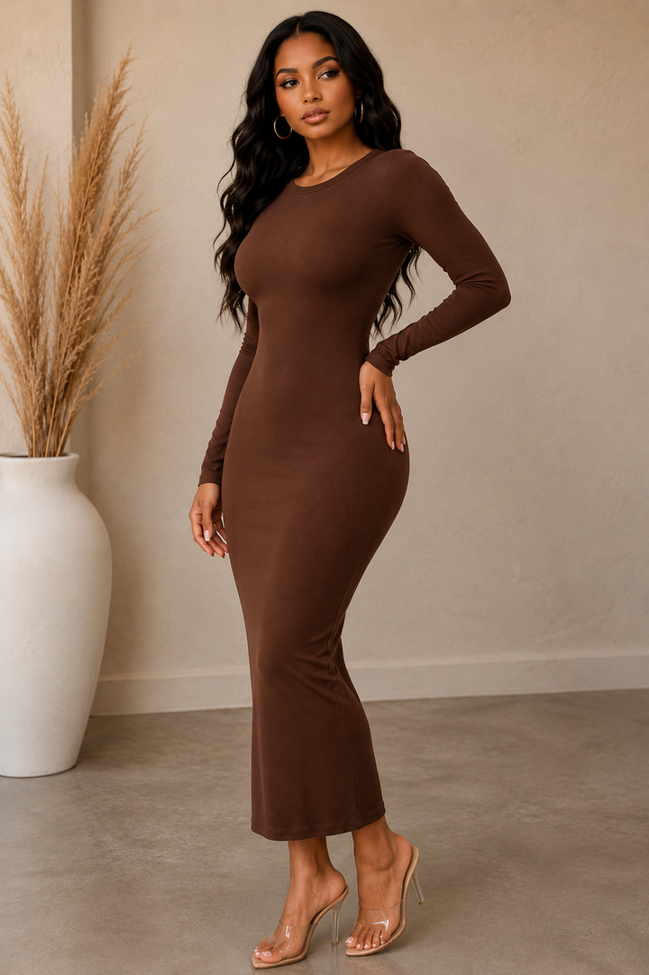 ROUND NECK LS MIDI DRESS