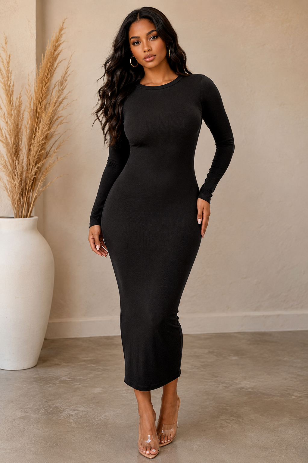 ROUND NECK LS MIDI DRESS
