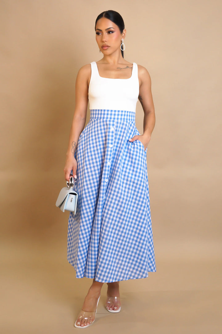Square Neck Plaid Midi Dresses