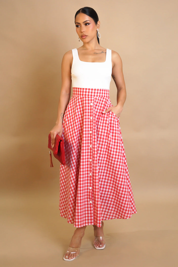 Square Neck Plaid Midi Dresses