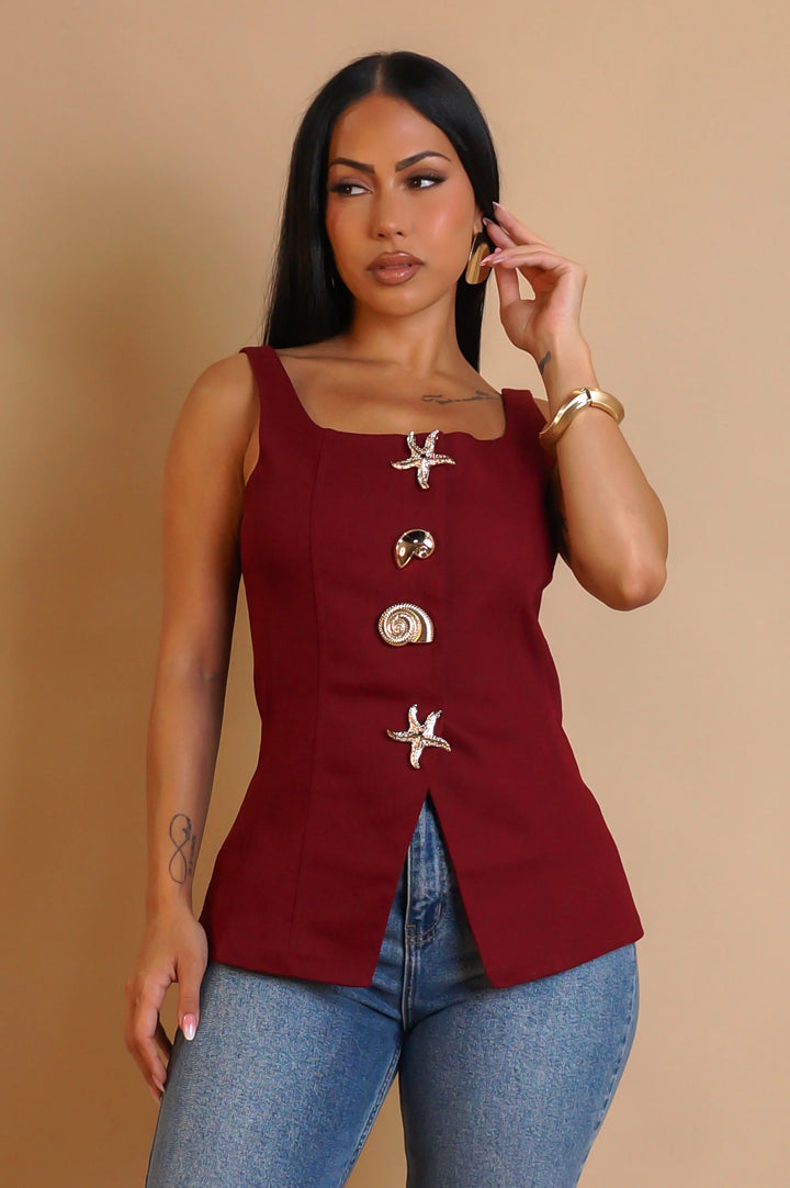 Metal Button Detail Square Neck T Shirt
