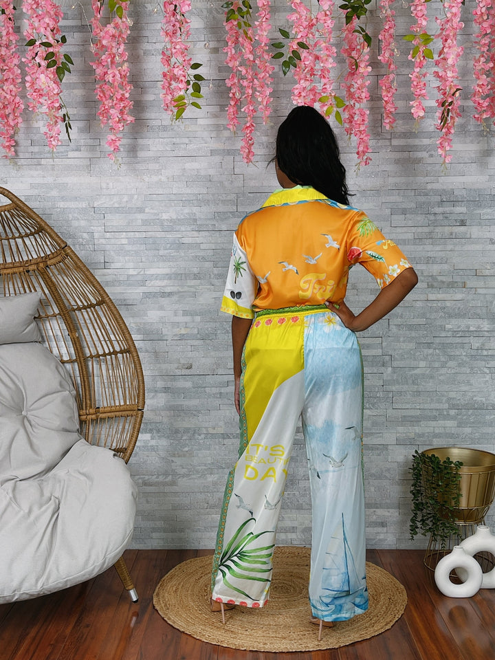 Beach Print SS Shirt & Pants Set