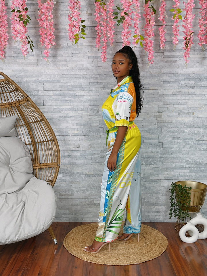 Beach Print SS Shirt & Pants Set