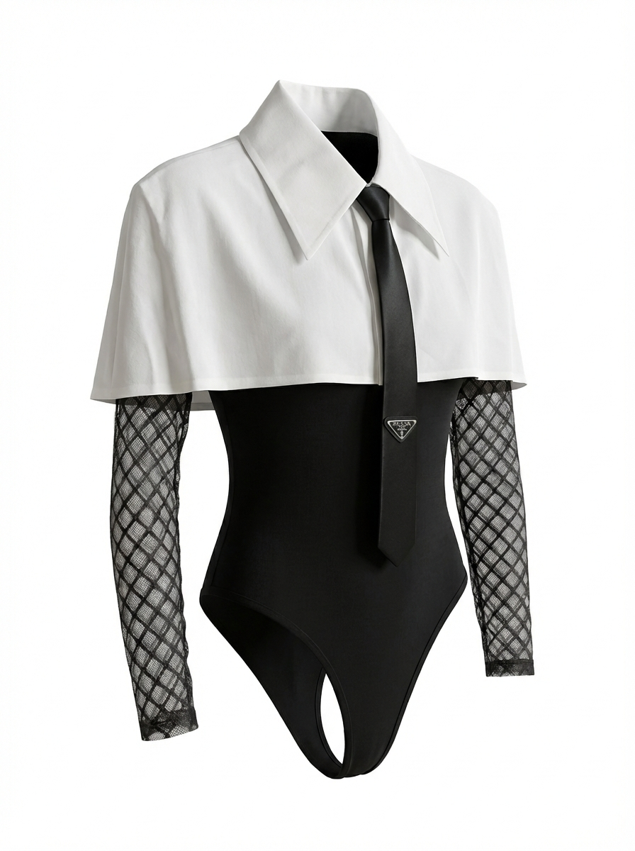LACE BODYSUIT WITH CAPE & TIE