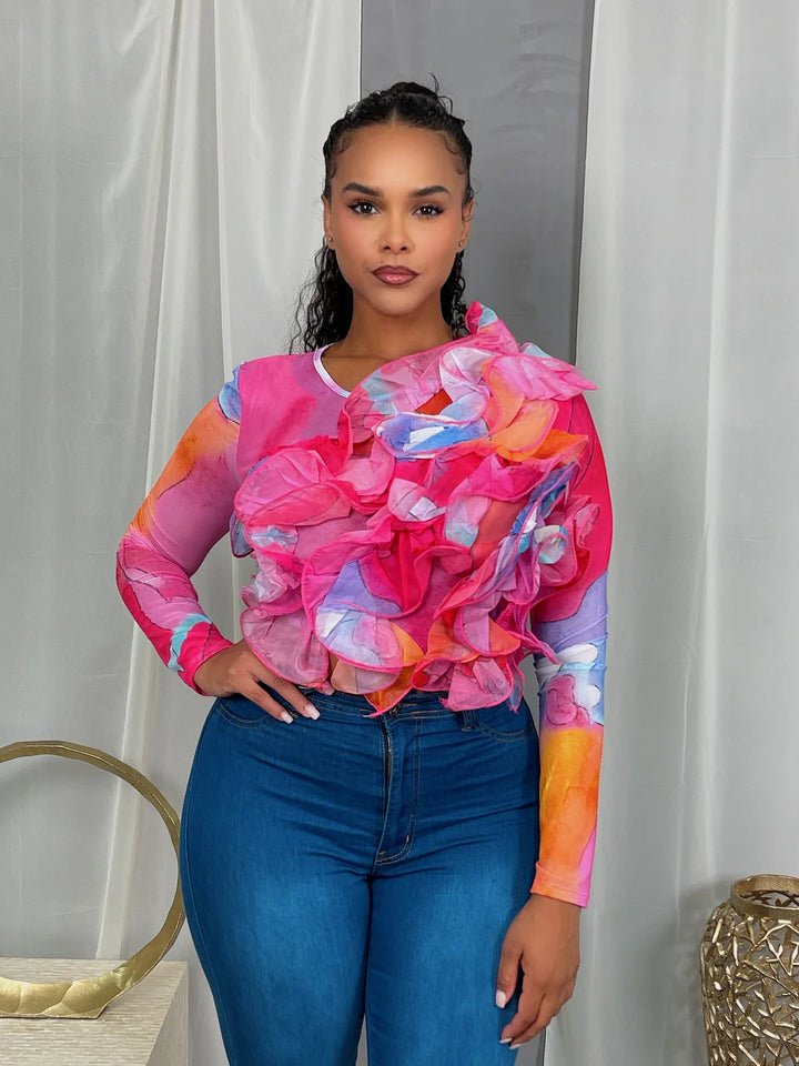 PRINT RUFFLED LS MESH TOP