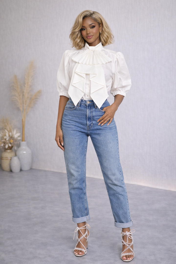 HALF SLEEVE PLEATED BOW POPLIN BLOUSE