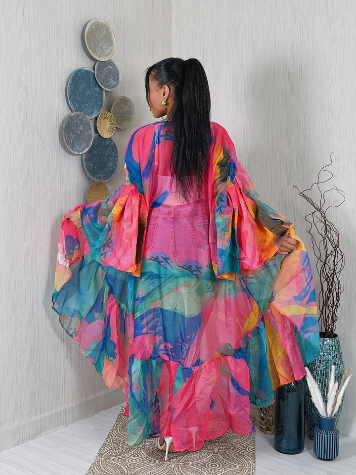 Nature Print Sheer Ballon Sleeve Cardigan