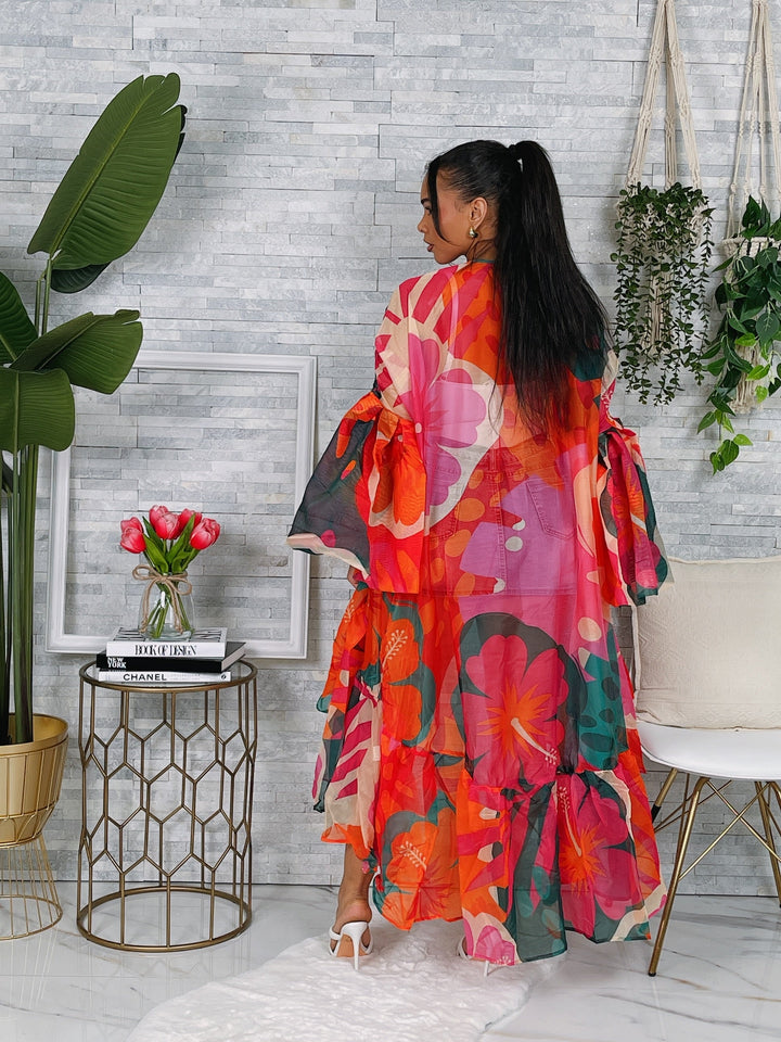 Nature Print Sheer Ballon Sleeve Cardigan