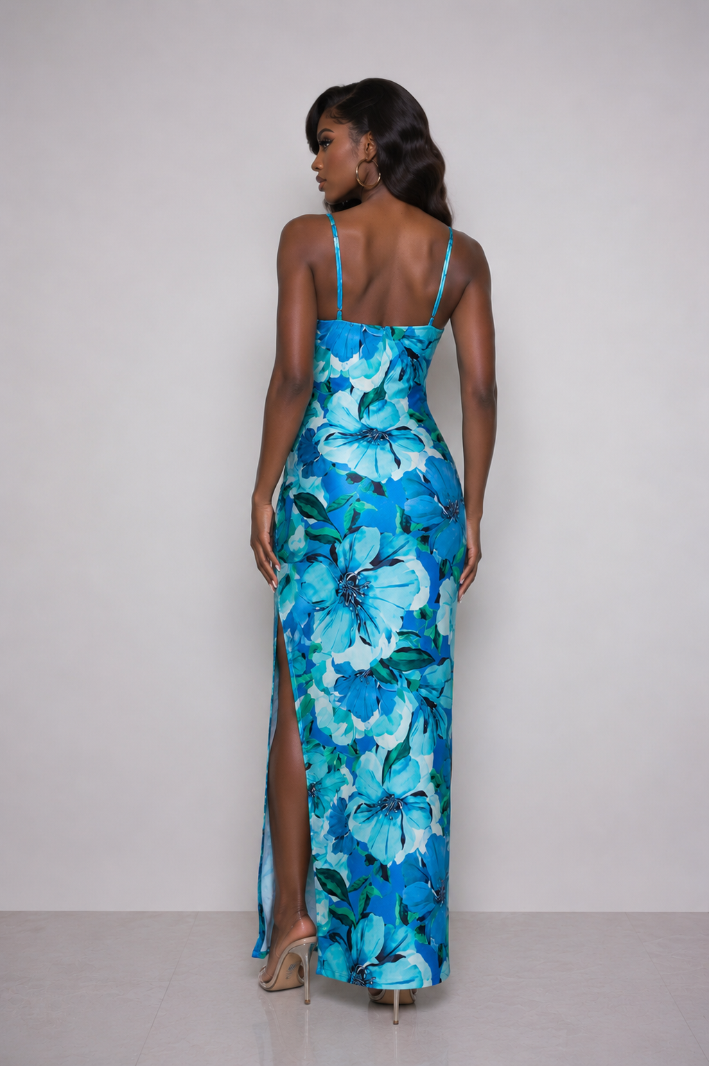 SATIN PRINTED COWL NECK MAXI DRESS
