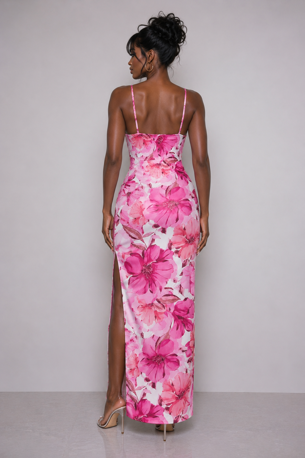 SATIN PRINTED COWL NECK MAXI DRESS