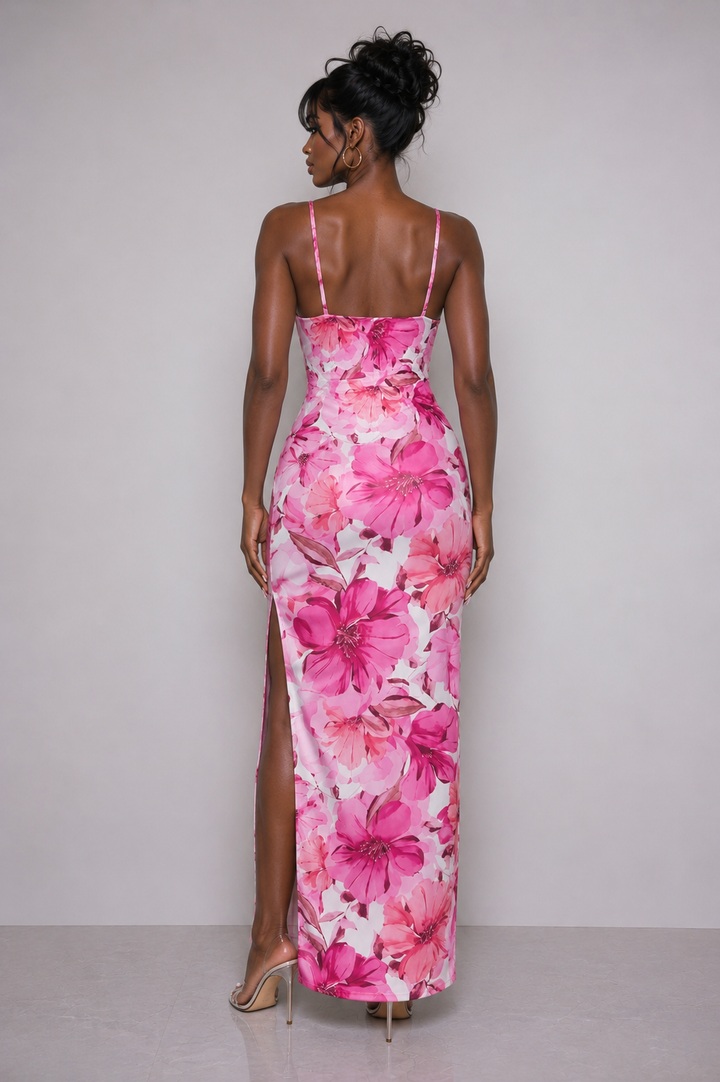 SATIN PRINTED COWL NECK MAXI DRESS