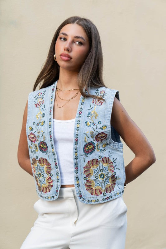 Noemi Boho Embroidered Denim Vest