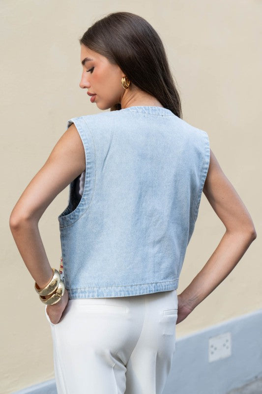 Noemi Boho Embroidered Denim Vest