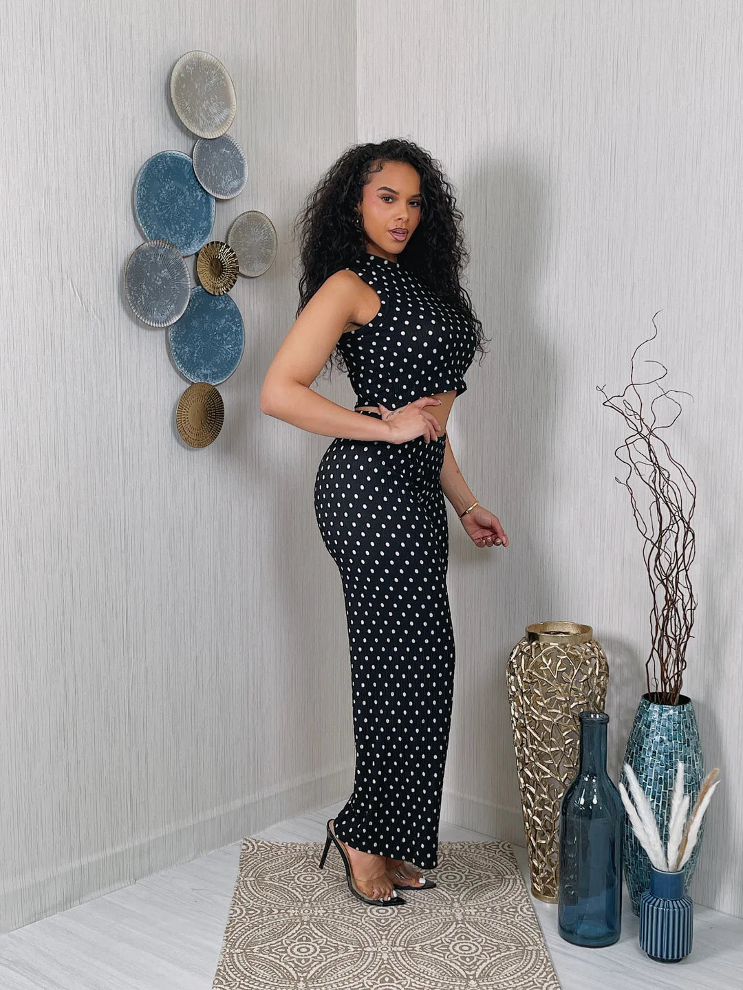 Printed Wrinkle Textured Crop Top & Pants Set