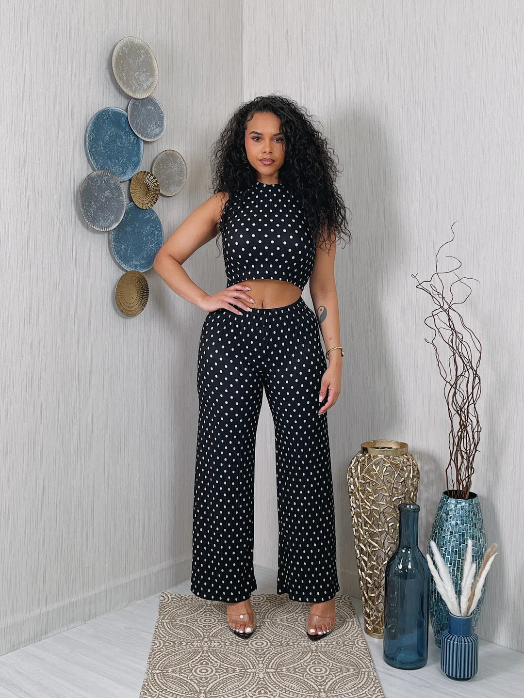 Printed Wrinkle Textured Crop Top & Pants Set