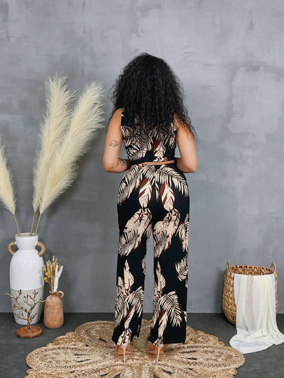 Printed Wrinkle Textured Crop Top & Pants Set
