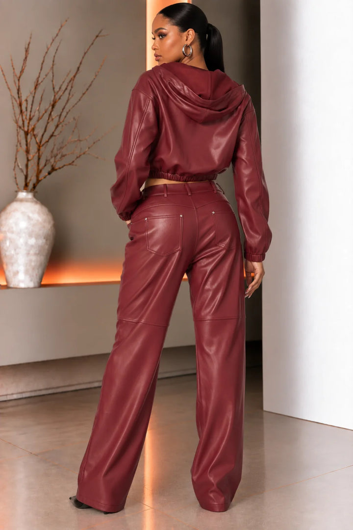 FAUX LEATHER HOODIE JACKET & PANTS SET