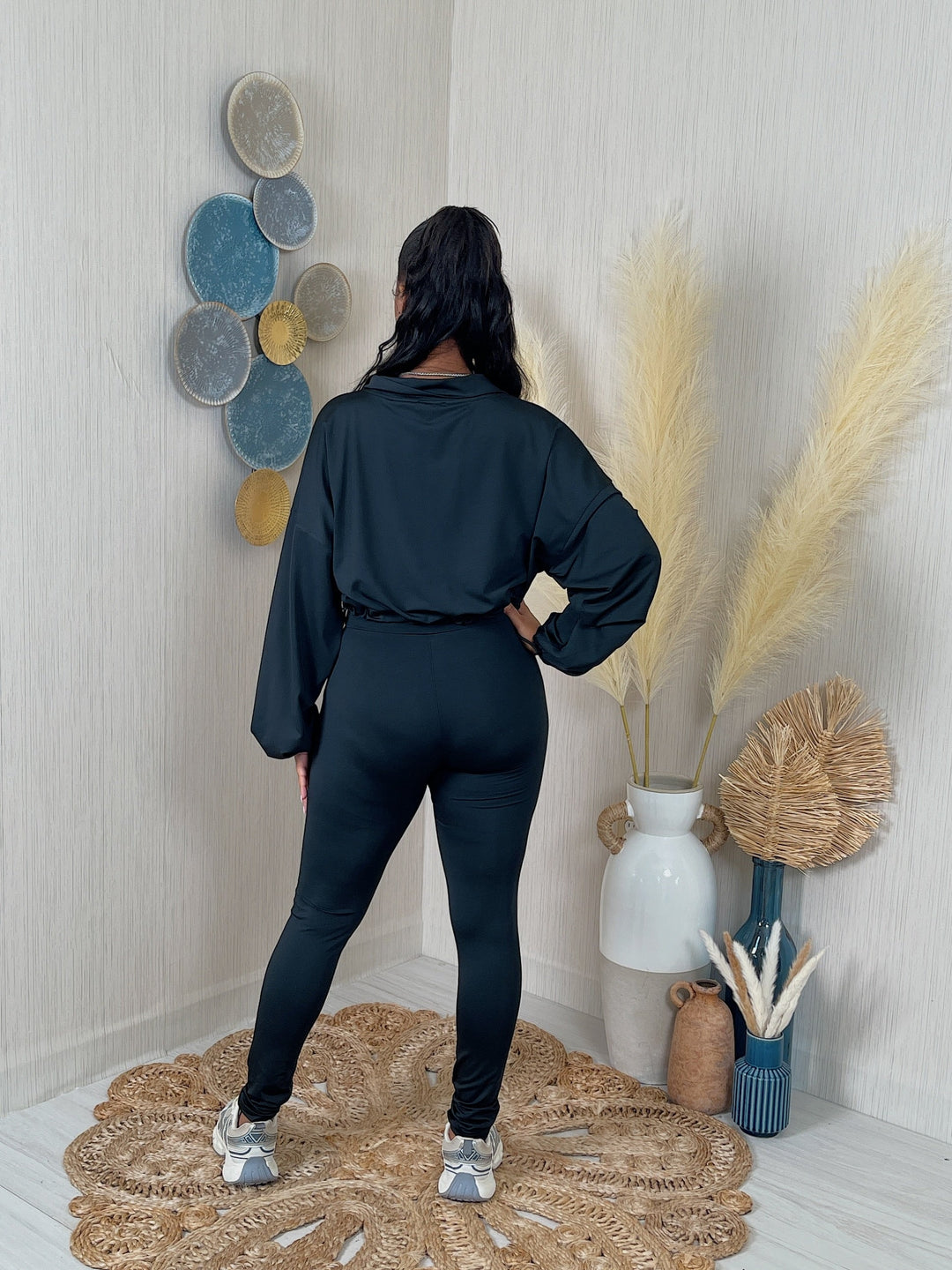 Solid Zip Up Crop Jacket & Leggings Set