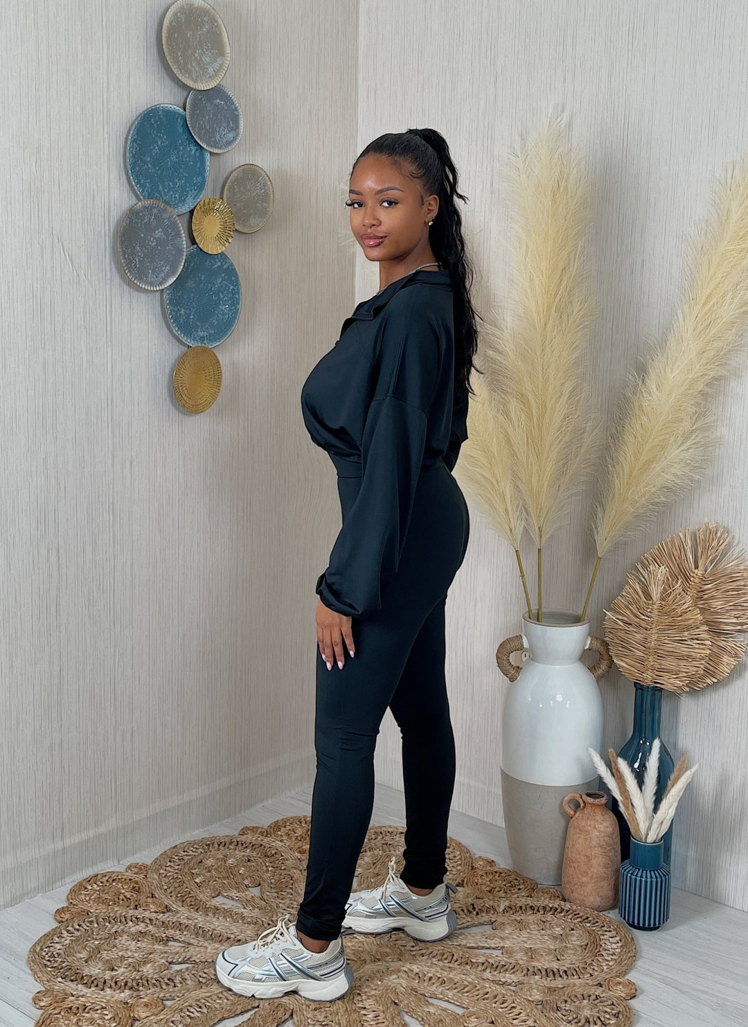 Solid Zip Up Crop Jacket & Leggings Set