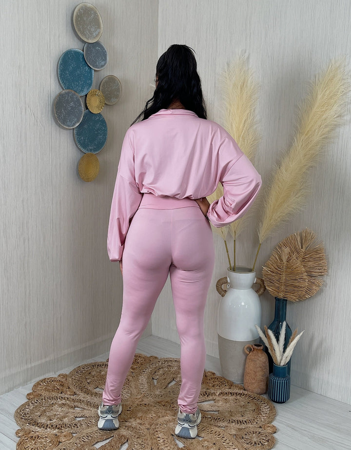 Solid Zip Up Crop Jacket & Leggings Set