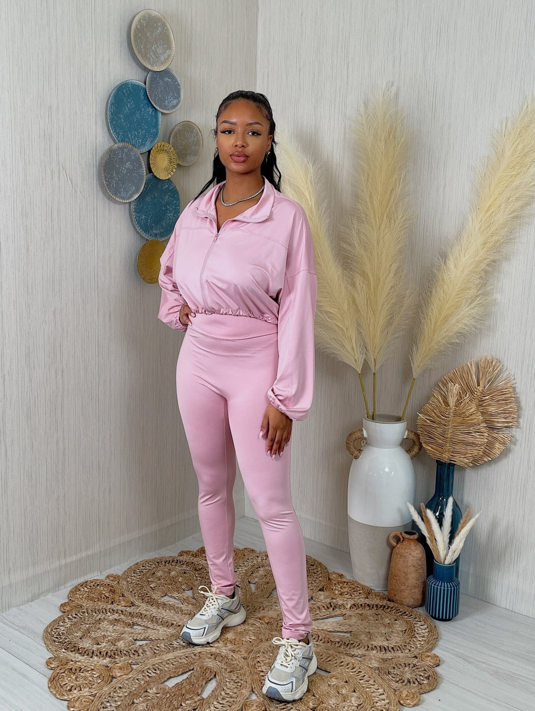 Solid Zip Up Crop Jacket & Leggings Set